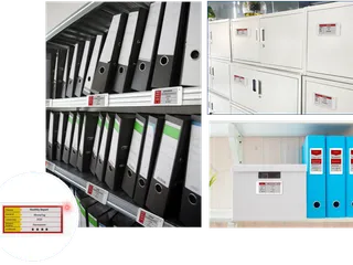 E-ink labels on file binders, lockers, and storage boxes