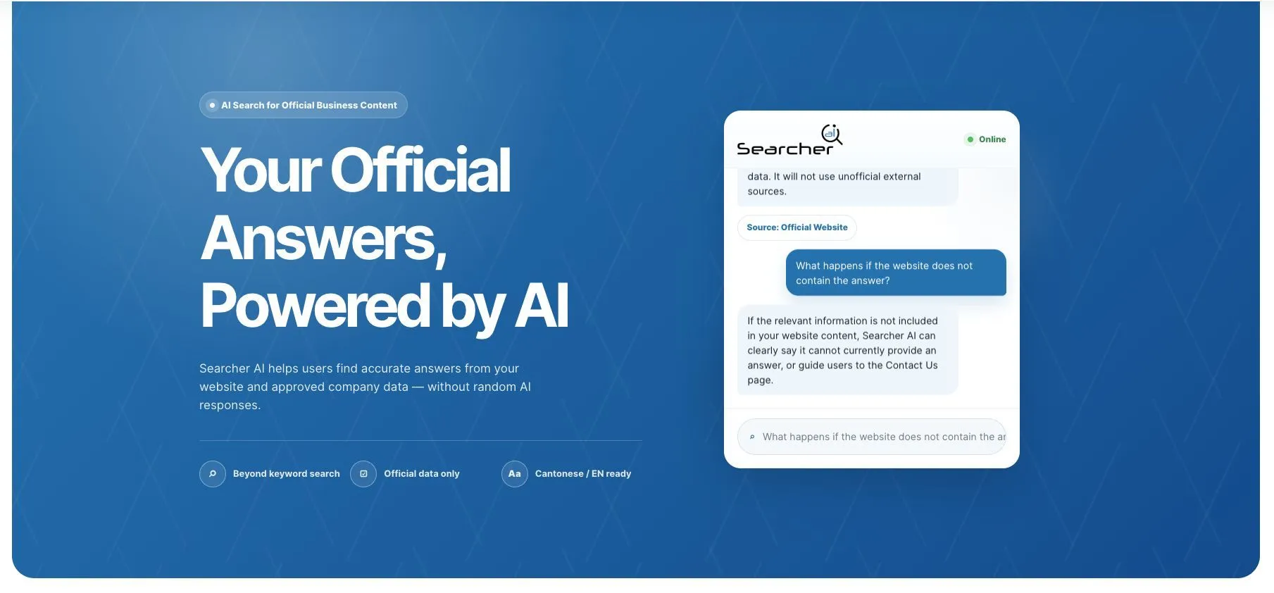 Searcher AI chat interface and official answers demo