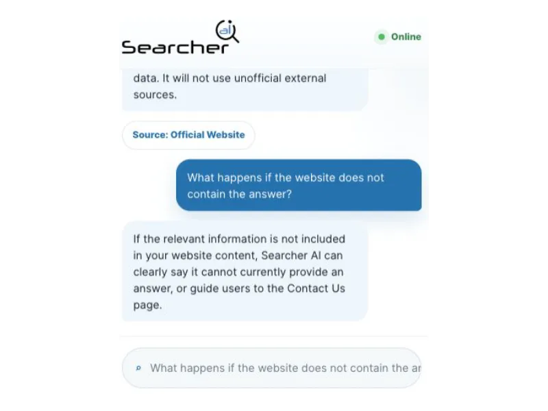 Searcher AI chat interface showing official source-based answers